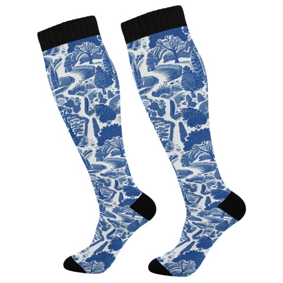 FORMRS Womens Knee High Socks Casual Long Thick Travel Daily Wear, 1 Pair, Blue Garden Pattern