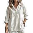 thumbnail image 2 of Womens Fashion Half Button Collared Corduroy Pullover Long Sleeve Loose Casual Blouse Curved Hem Basic Top Easy To Match Jeans And Casual Bottoms White M, 2 of 4