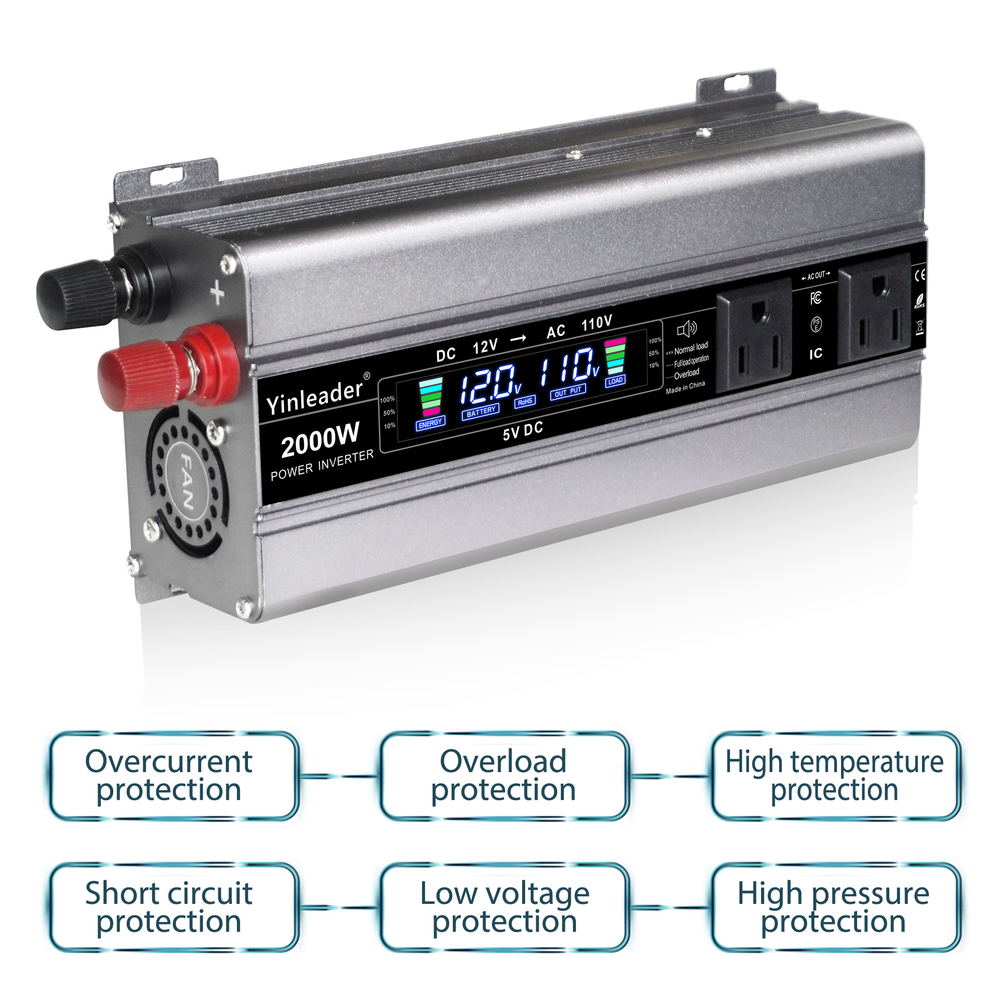 Yinleader 1000 Watts Car Power Inverter DC 12V to 110V AC Converter with LCD Display 4 AC Outlets and Dual USB