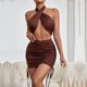 thumbnail image 5 of Falda de verano a la moda Sexy para mujer, paquete de cuello cruzado de Color sólido, falda a la cadera, traje ajustado Pompotops qwe13459, 5 of 9