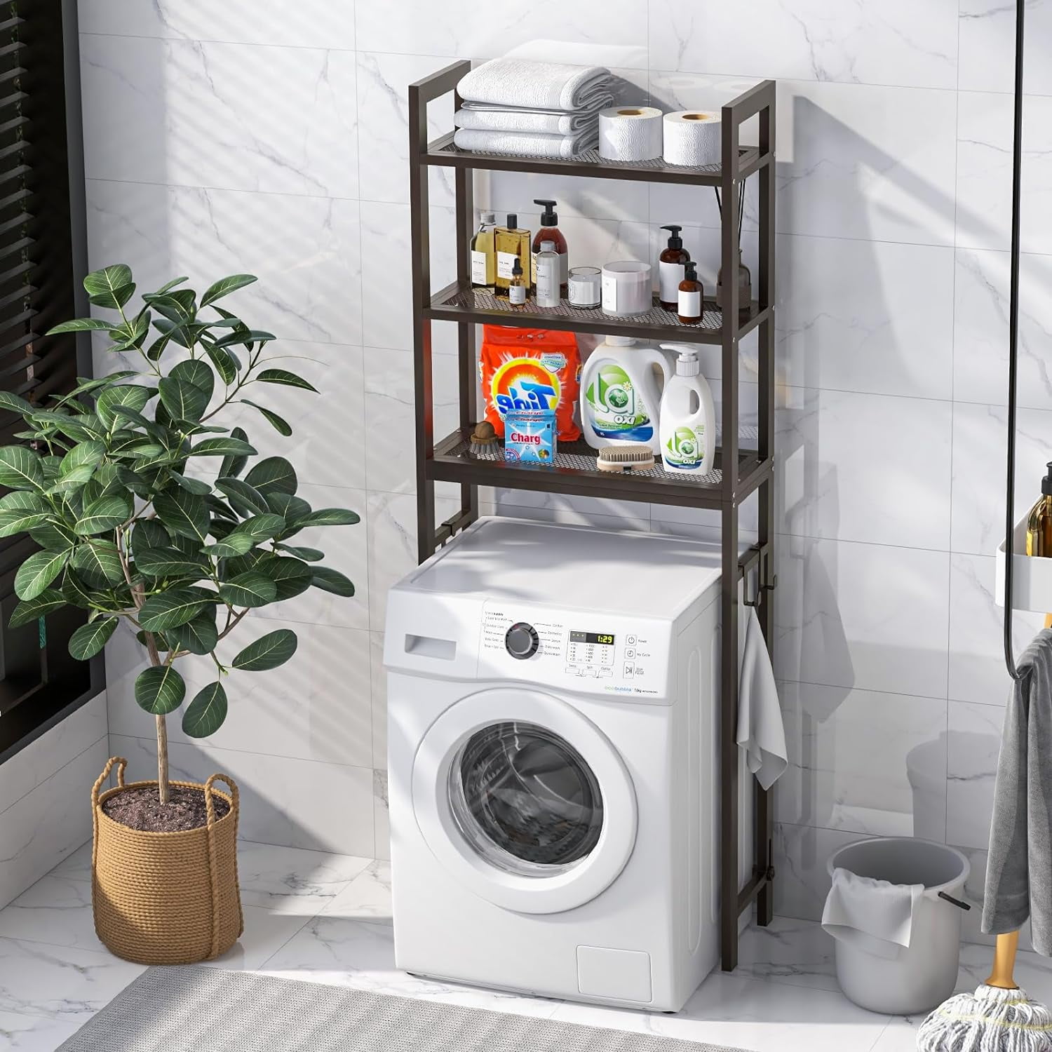 3-Tier Over the Toilet Storage Rack, Freestanding Bathroom Organizer Space Saving w/ Hooks Brown