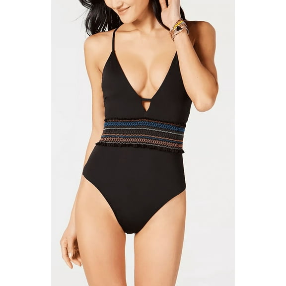 BAR III Black Smocking Solids Plunge One Piece Swimsuit, US Large, NWOT