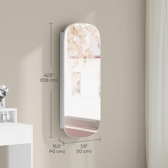 LEDREM LED Illuminated Jewelry Organizer Cabinet, Wall/Door Mounted Lockable Mirror with Storage, Rounded Wide Design, White & Greige Interior, 42.5 Inch