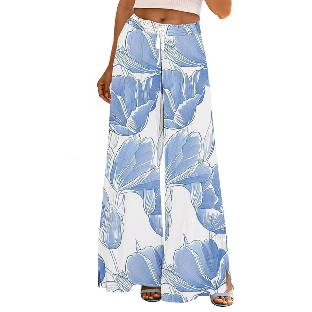 Pantalones de Cintura Alta de Pierna Ancha para Mujeres sin Posicionamiento Impresos Pantalones de Longitud Completa de Bolsillo de Cintura Elástico de Cordón de Pierna Ancha para el Ocio