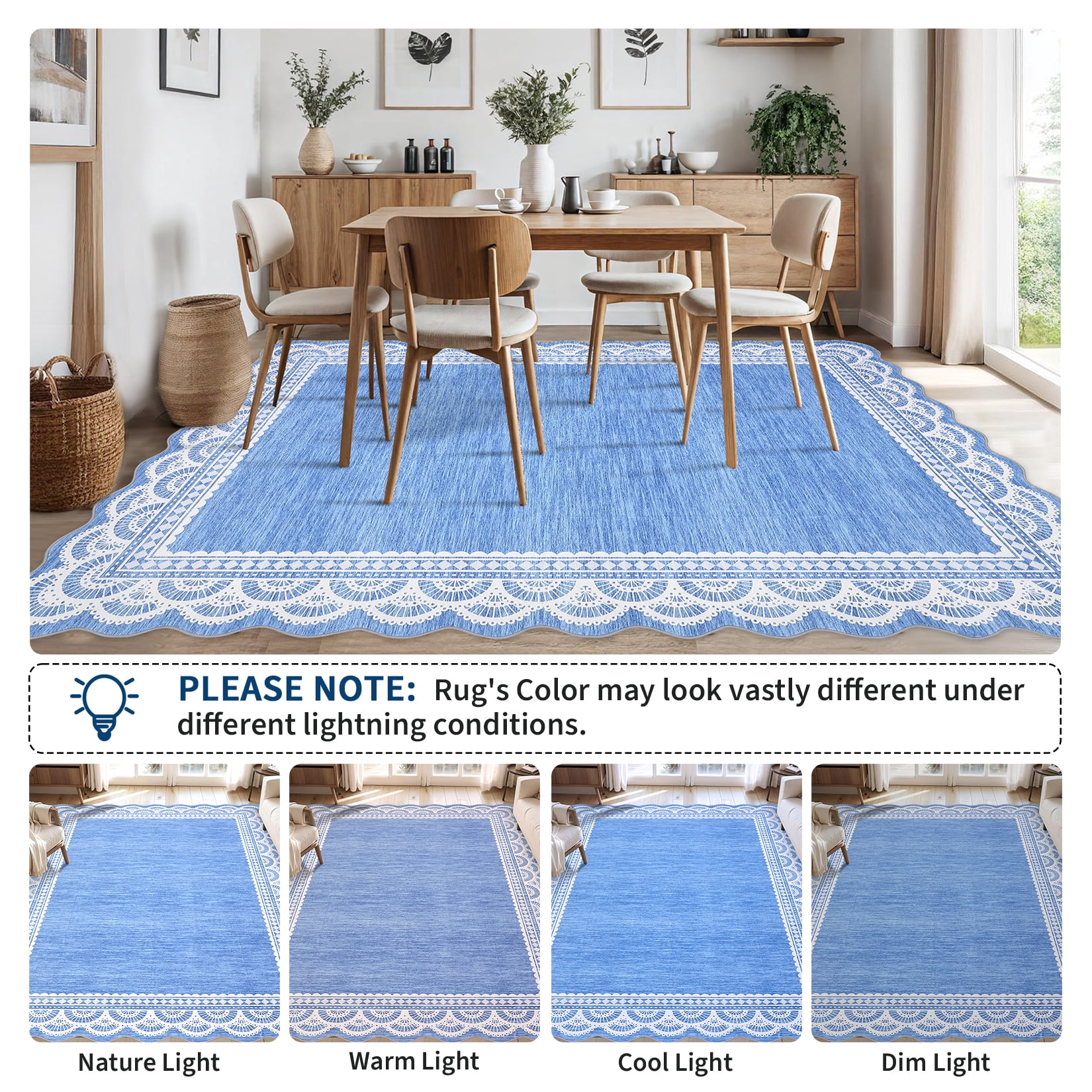 Garvee 8'x10' Scalloped Area Rug Modern Lace Edge Carpet, Washable Solid Rug Non-Slip Low Pile Indoor Mats for Living Room Bedroom Home Decor, Blue
