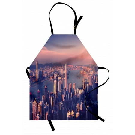 

City Apron Dreamy View of Chinese City Hong Kong Urban Scene Concept Victoria Harbor Unisex Kitchen Bib Apron with Adjustable Neck for Cooking Baking Gardening Pale Pink Night Blue by Ambesonne