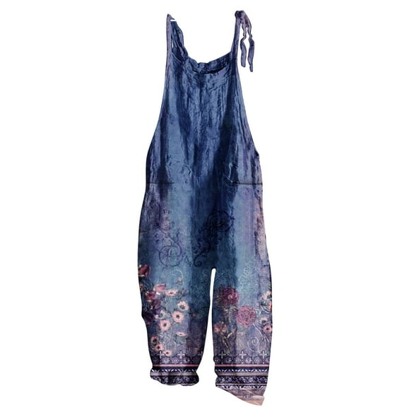 Usmixi Jumpsuits for Women Plus Size Loose Wide Leg Vintage Floral Graphics Cotton Linen Strap Baggy Long Jumpsuits Overalls Summer Formal Leopard Print Round Neck Sleeveless Maxi Rompers Dark Blue xl