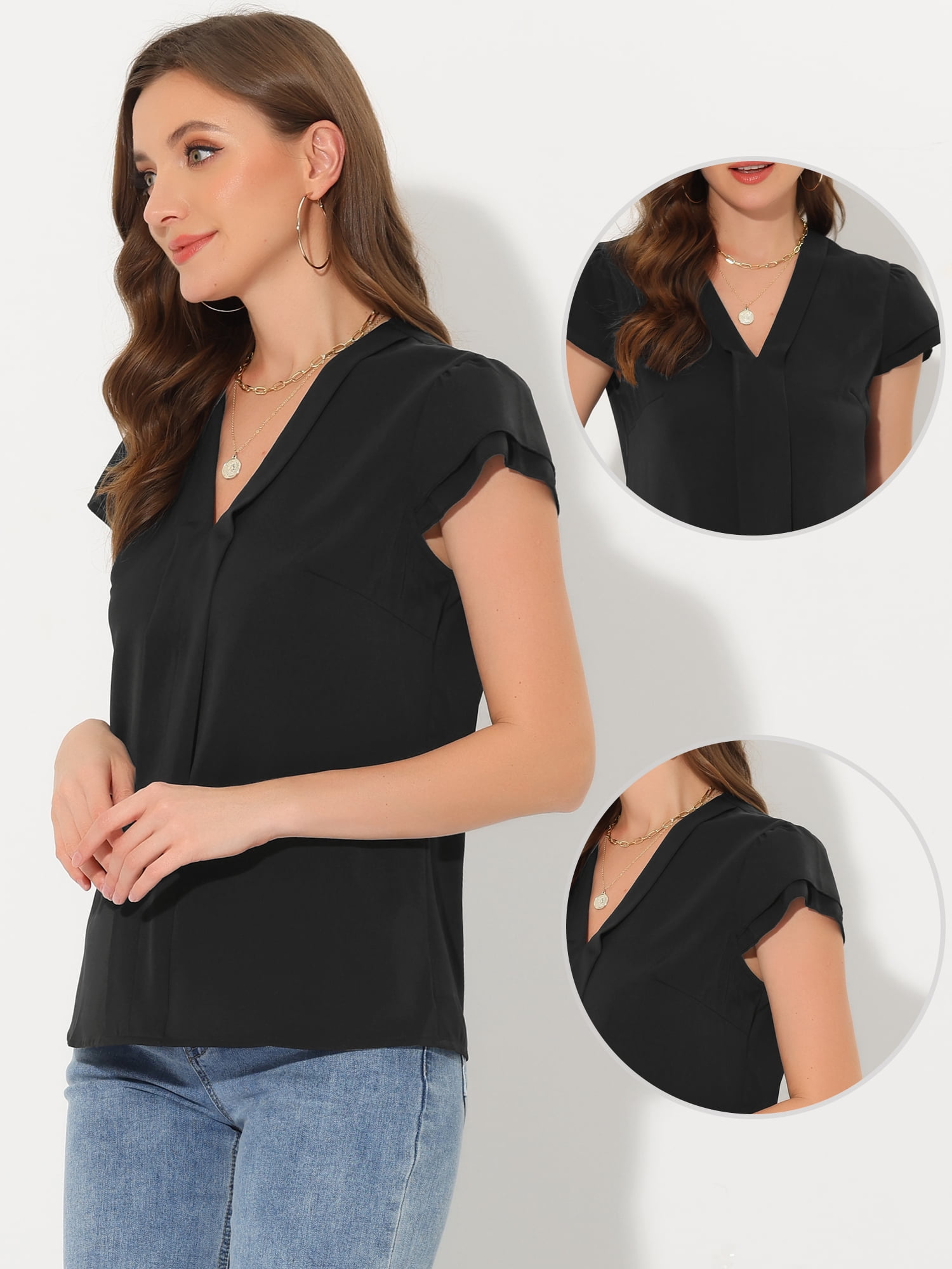 Unique Bargains Women's Summer Office Tops V-Neck Solid Color Chiffon Blouse M Black