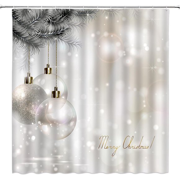 Rideau de Douche Boule de Noël Doré Argent Gris Boule de Noël Brindilles Flocon de Neige Hiver Vacances Fantaisie Extra Long Décoration de Salle de Bain Rideau avec Crochets,70 Pouces L X 84 Pouces H
