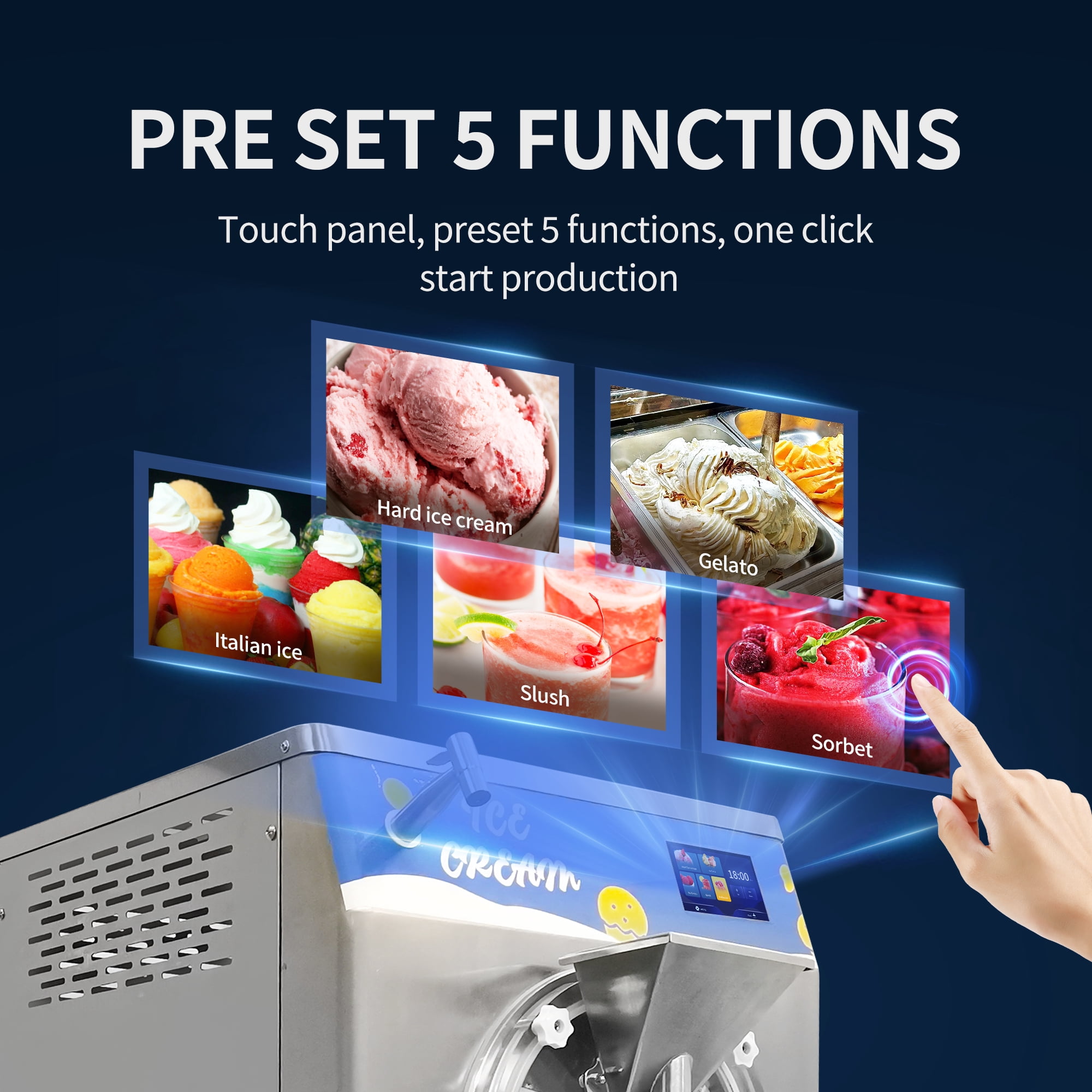Mvckyi Frozen Fruit Yogurt Batch Freezer, Gelato Machine Commercial, 60L/h 16Gallon Per Hour Hard Serve Ice Cream Maker, 5 Programs Mult-Function Ice Cream Machine for Snack Bar 3000W