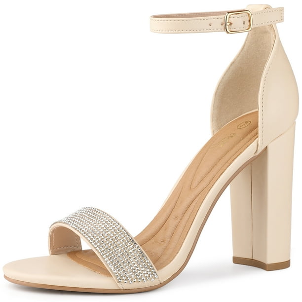 Sandalias de tacón grueso con Correa en el tobillo con diamantes de imitación y punta abierta para mujer Perphy Beige 40