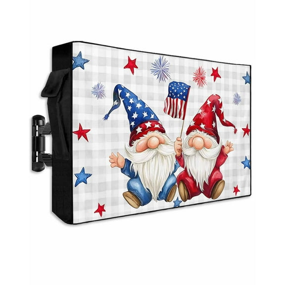 Independence Day Outdoor TV Cover 70 to 75 Inch Weatherproof, Modern Gnomes Star Grey Checkered 600D Oxford TV Covers with Waterproof Zipper, Outside Flat TV Screen Protector Size 68"W x 42"H x 4.5"D