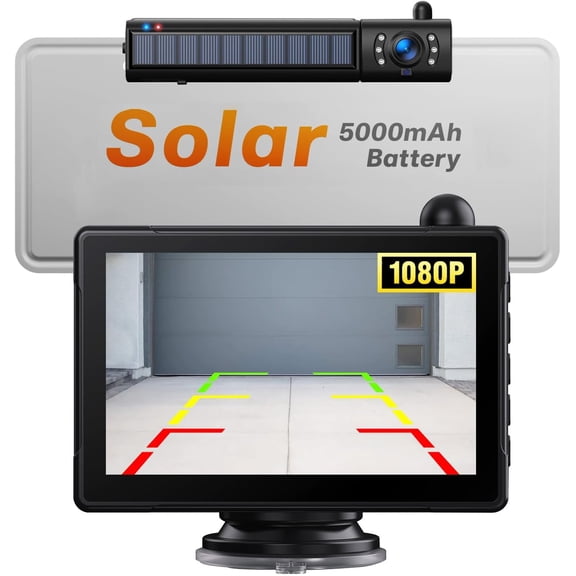 Solar  Backup Camera for , 5"  1080P  3 Mins DIY Installation 5,000mAh  with 2  IR Night Vision License Plate  Up Camera Systems for , Pickup,, RV, SUV