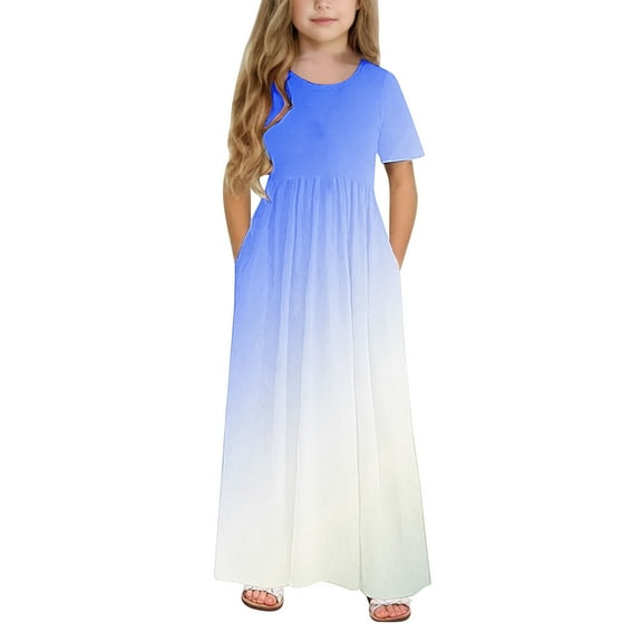 Your-Sty Kids Girls Summer Long Dress Gradient Crewneck Ruffle Short Sleeve Flowy Tiered Maxi Dress with Pockets Casual Loose Swing Dress