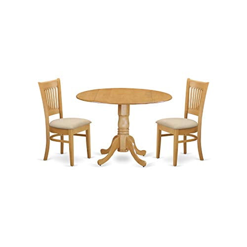 East West Furniture DLVA3-OAK-C 3-Pc dining room table set Oak finish- Two 9-inch Drops Leave and Pedestal Legs dining table & 2 Slatted Back dining chairs