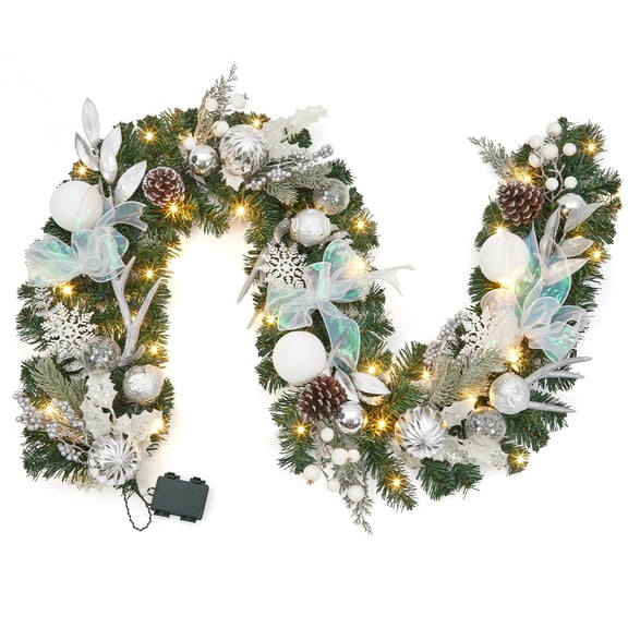 6FT White Silver Christmas Garland with Lights & Timer for Mantle | 20 LEDs 8 Modes, Battery Operated, Lighted Winter Garland with Deer Antlers & Ball Ornaments, for Fireplace Stairs