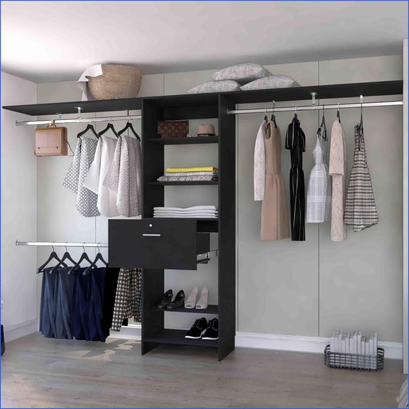 Closet Organizer System with Drawer & 5 Shelves | Covers 118”W | Black Particle Board