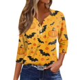 thumbnail image 1 of Camiseta de mujer con estampado de Halloween, botones, manga 3/4, estilo diario, fin de semana, moda básica, escote en V, top regular, 1 of 5