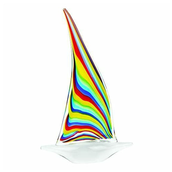 Elegant Murano Style Art Glass Colorful Centerpiece - Rainbow Sailboat, 14 Inch