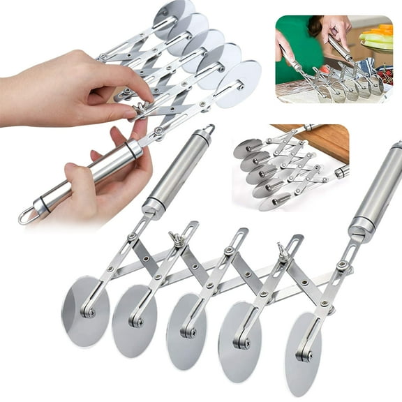 AMERTEER 5 Wheel Pastry Cutter with Handle Stainless Steel Double cutter Adjustable Pizza Slicer Multi-Round Dough Cutter Roller Multiple Pasta Wheeling Cutter