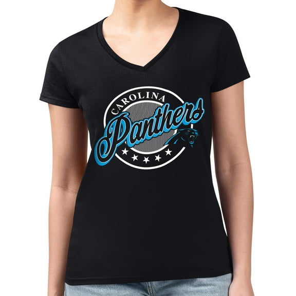 Women's G-III 4Her by Carl Banks Black Carolina Panthers Super-Slim Fit Lightweight Pinstripe Circle V-Neck T-Shirt