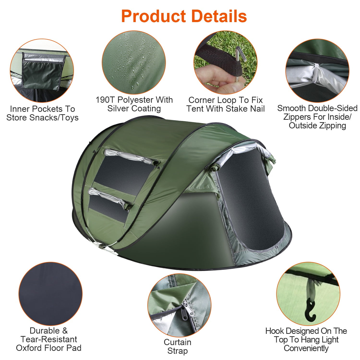 Pop up Camping Tent for 2-3 Person Tent Waterproof Instant Easy Setup Family Tent for Camping Hiking Climbing Traveling Green