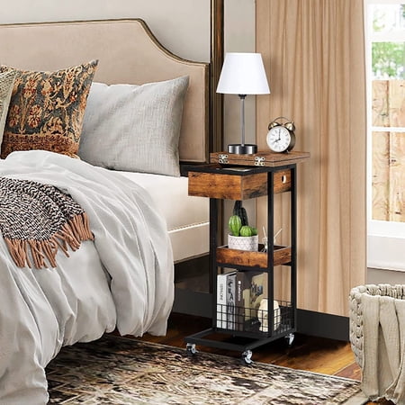 C Shape Farmhouse Side Table w/USB Port End Table Storage Drawer Rolling Table