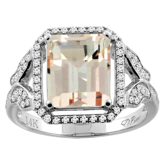 14K White Gold Natural Morganite Ring Octagon Shape 10x8 mm Diamond Accents, size 10