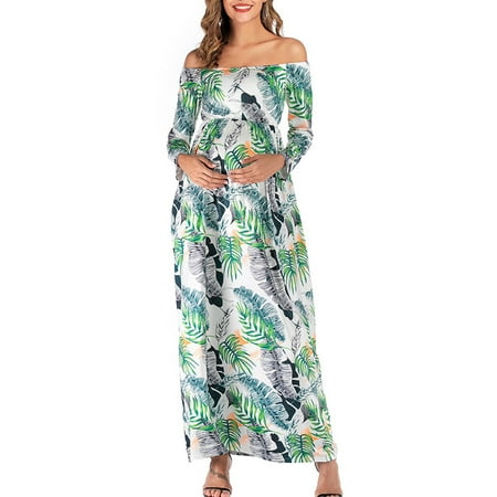 

Akklian Maternity Dress for Women Off The Shoulder Maxi Dress Long Sleeve Leaves Print Long Dress Summer Savings Clearance