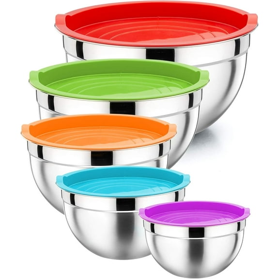 Mixing Bowls with Lids Set of 5, Stainless Steel Mixing Bowls Metal Nesting Bowls with Airtight Lids, Non-toxic & Dishwasher Safe, Great for Cooking, Baking, Serving - Size 0.7/1/1.5/3/4.6QT