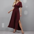 thumbnail image 2 of MIXUE Summer Dresses for Women Solid Color V Neck Short Sleeve High Waist Elegant Side Slit Evening Wedding Party Maxi Dress Streetwear,Red,M, 2 of 5