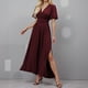 thumbnail image 2 of Vestido largo elegante de cuello en V y cintura alta para mujer: mangas plisadas, abertura lateral, fruncido, vestido de noche para bodas y fiestas., 2 of 5