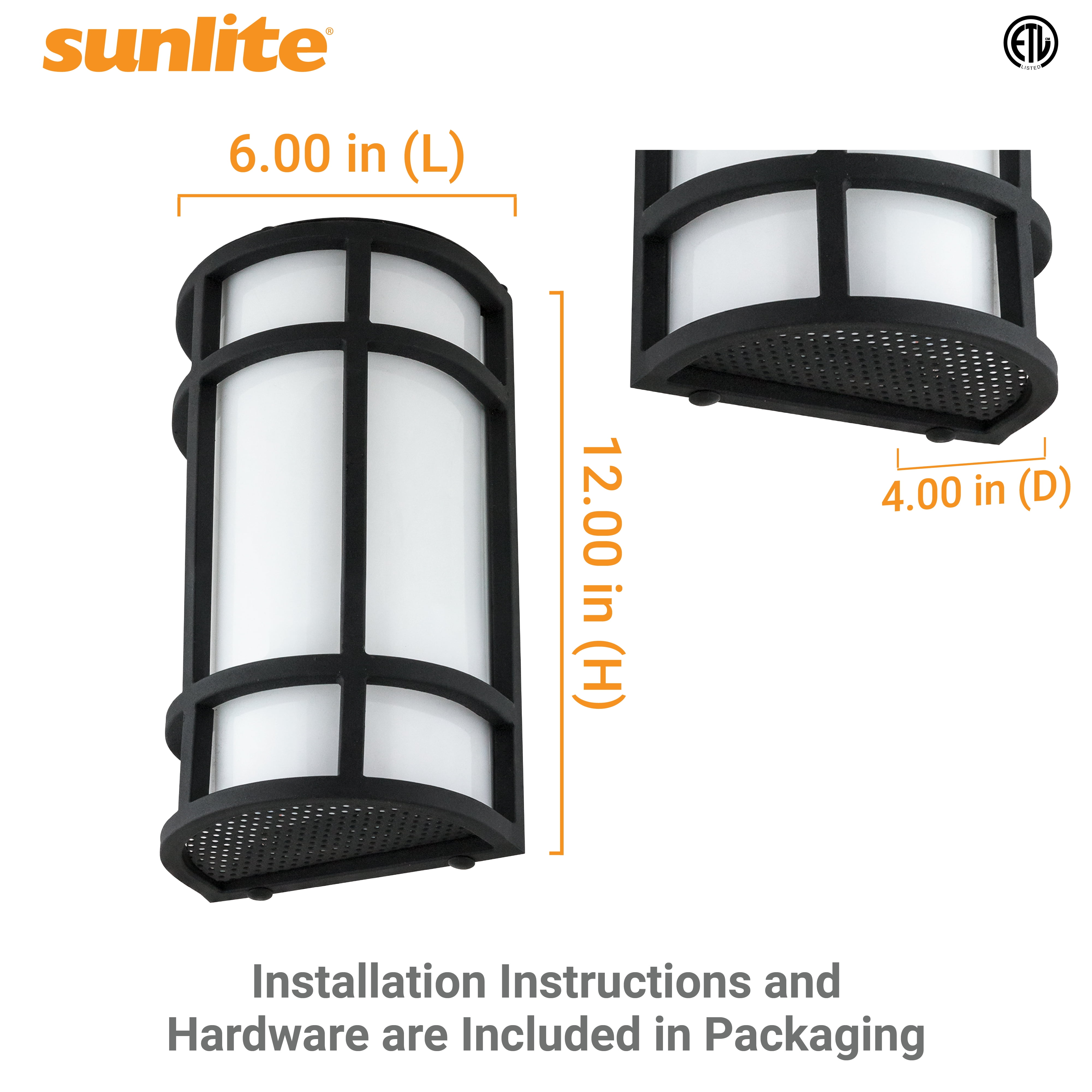 Sunlite 12” LED Outdoor Mission Style Light Fixture, Half Cylinder Wall Sconce, Selectable 3 CCT 3000K-5000K, 15 Watts, 800 Lumens, Non-Dimmable, Black Frame, For Porches, Garage & Entryways