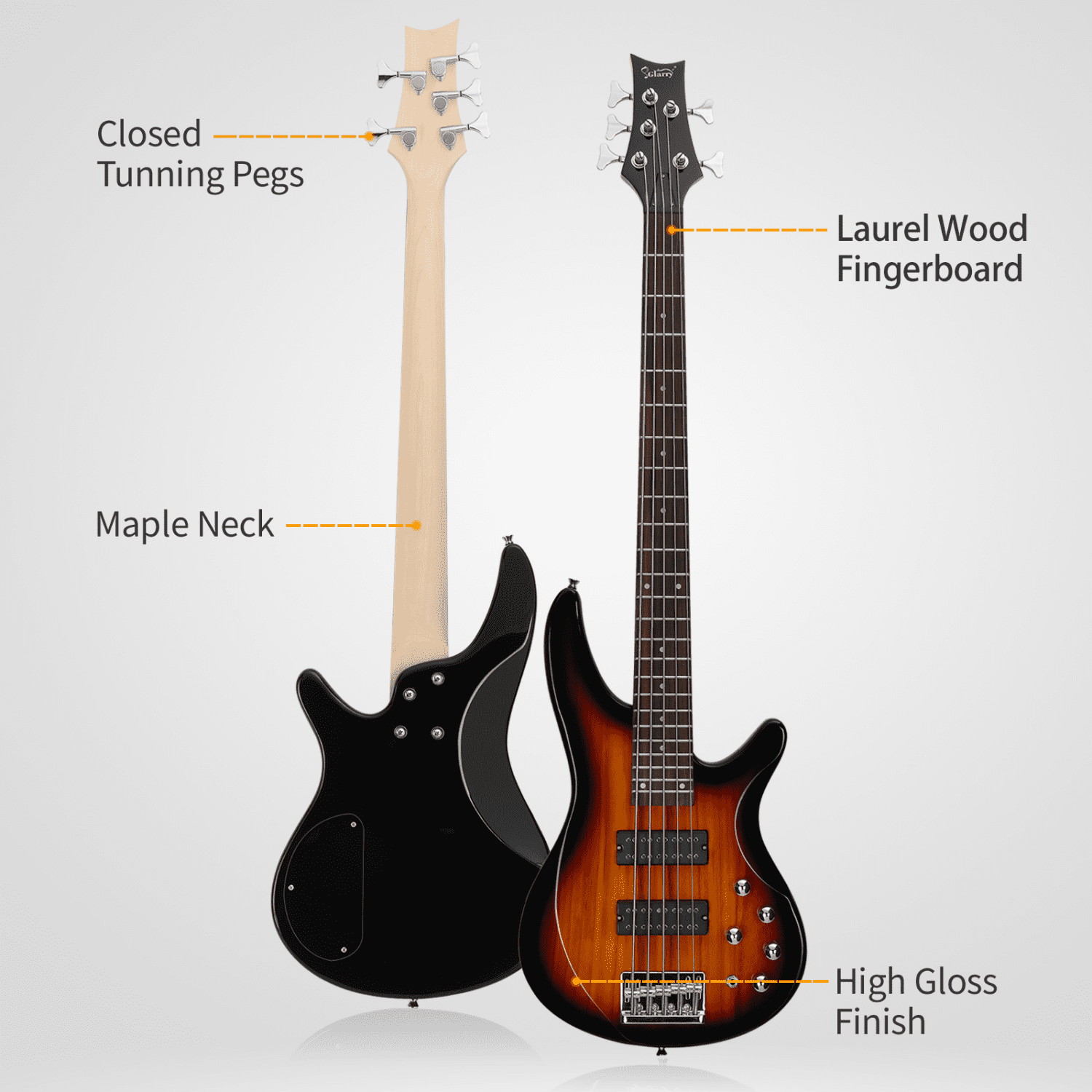 Hassch Electric Bass Guitar 5 String, Beginner Kit with Bag, Strap and Other Accessories, Sunset Color