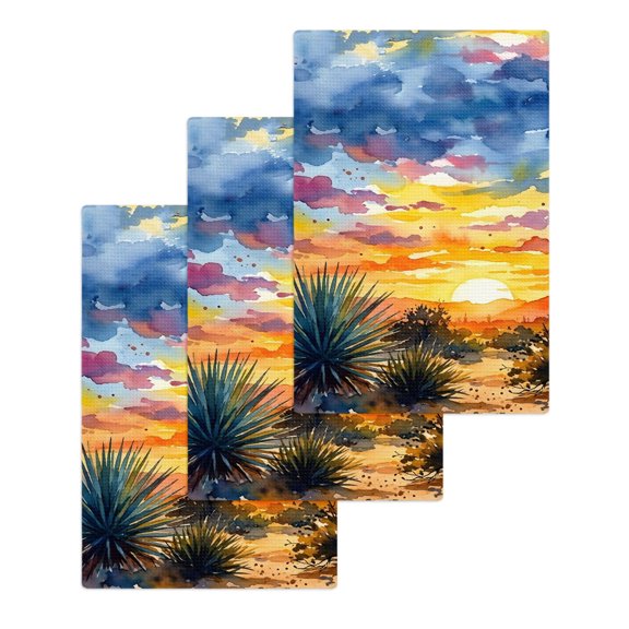 Summer Cactus Kitchen Dish Towels for Drying Dishes Set of 3, Sunset Horizon Vibrant Landscape Art Waffle Weave Microfiber Hand Tea Bathroom Towels Quick Dry & Absorbent Towel 15.7x23.6