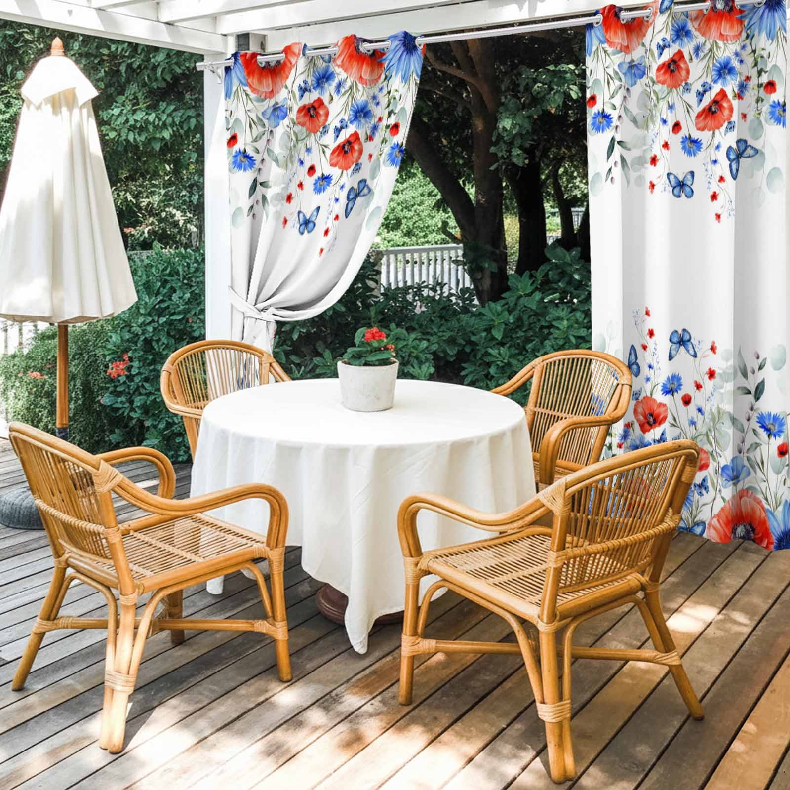 Independence Day Outdoor Curtains for Patio, Red Blue Poppy Butterfly Eucalyptus Leaf Sunshade Privacy Drapes Grommet Waterproof Outside Curtains for Porch/Cabana/Balcony 54"x 108", 1 Panel
