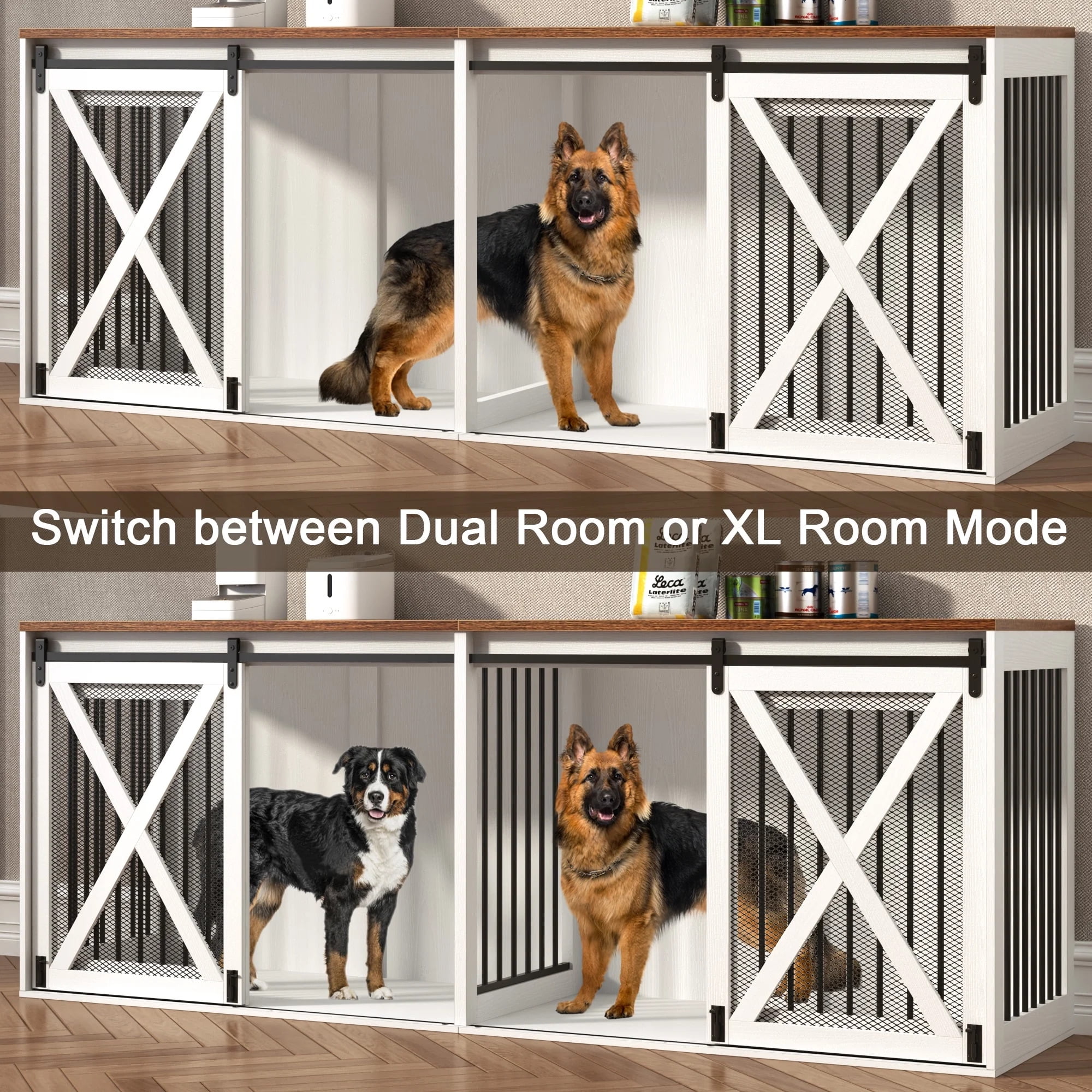 94.5" XXXL Dog Crate Furniture for 2 Medium or Large Dogs, Farmhouse Dog Kennel TV Stand with Sliding Door and Removable Divider (White)