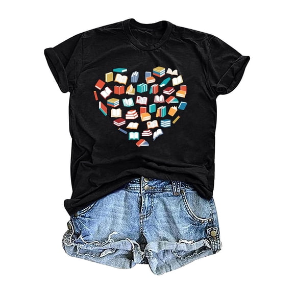 Womens Tops Short Sleeve Floral Print Crew Neck Fashion Petite Clothing for Women,Black,L