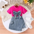 thumbnail image 2 of RMGVDSD Girls Outfits Set Girl Fashion Clothes Short Sleeve Bow T-Shirts With Pearl And Denim Skirt Shorts Two Piece Set Summer Casual Wear 2-3 Years, 2 of 5