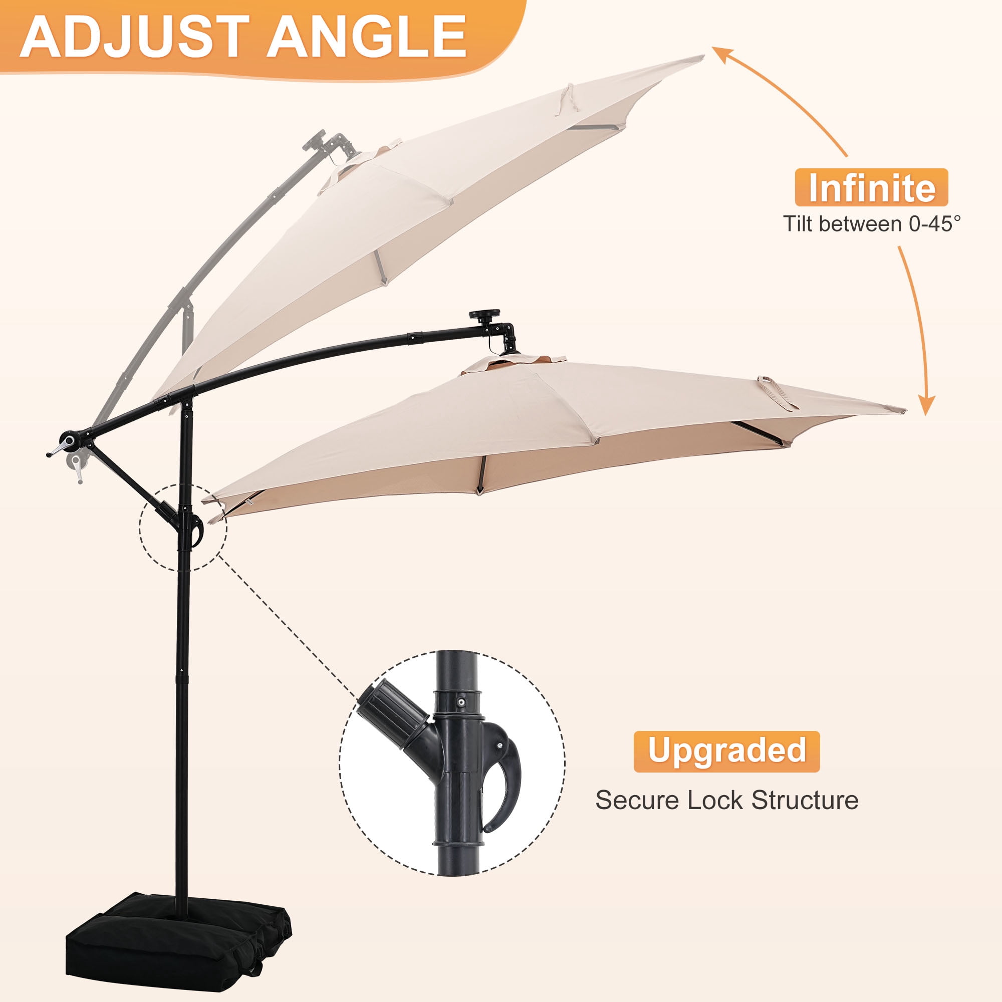 Autlaycil 10 ft Cantilever Offset Outdoor Patio Umbrella with Base Stand Rotate and Tilt,24 Solar LED Lights, Khaki