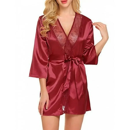 Women Sexy Lace Satin Robe Sleepwear Short Nightgown Kimono Bathrobe Lingerie Nighty Dress Soft Comfortable Black Plus Size