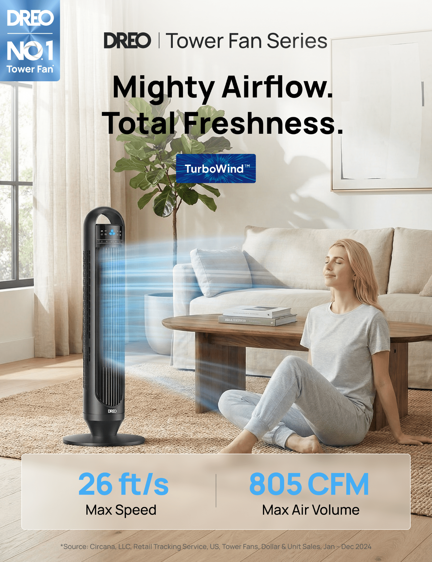 DREO 32-inch Smart Tower Bladeless Fan with Remote, 90° Oscillation, LED Display, Timer