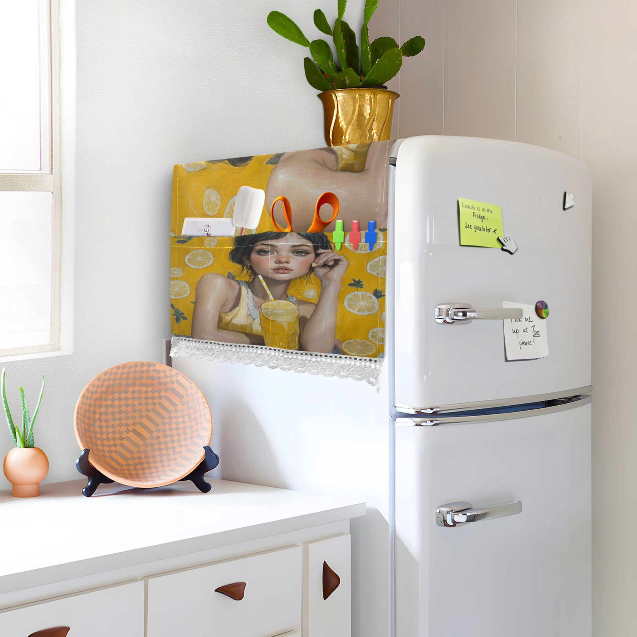 Lemonade GirlWasher and Dryer Covers Dust-Proof and Oil Resistant Fridge Cover with 4 Storage Pockets Washing Machine Top Cover for Laundry Kitchen Home 51.2 x 22 In