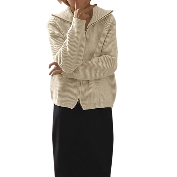 Womens Jacket Thick Knit Cardigan Zipper Design Lapel Sweater Women