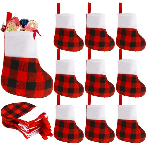 10PCS Mini Christmas Stockings, Red Buffalo Plaid Xmas Stockings Bulk with Plush Cuff for Christmas Tree Decor