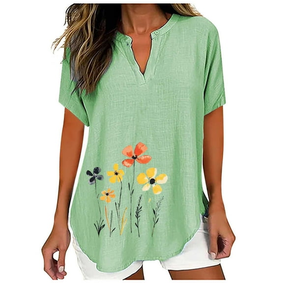 Bamboo Cotton Tunic Blouses for Women Summer Short Sleeve Tee Blouse Button-Up Henley Neck T-Shirt Flower Graphics Cute Tunics Tops Lounge Dressy Shirts Going Out Holiday Outfits