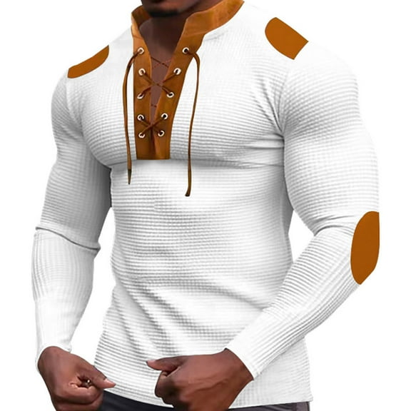 Men's Casual Waffle Muscle Shirts Long Sleeve Slim Fit Vintage Colorblock Stand Collar Renaissance Viking Shirts