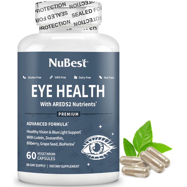 suplemento nubest areds, 2 vitaminas para los ojos, salud ocular, 60 cápsulas Frasco frontal blanco con etiqueta azul marino que muestra la marca NuBest y 'Eye Health' con referencia a AREDS2; etiqueta indica 60 cápsulas vegetarianas y menciona luteína 20 mg y zeaxantina 4 mg; tapa sellada visible y varias cápsulas vegetales claras junto a hojas verdes, presentación del producto adecuada para apoyo ocular según fórmula AREDS2.