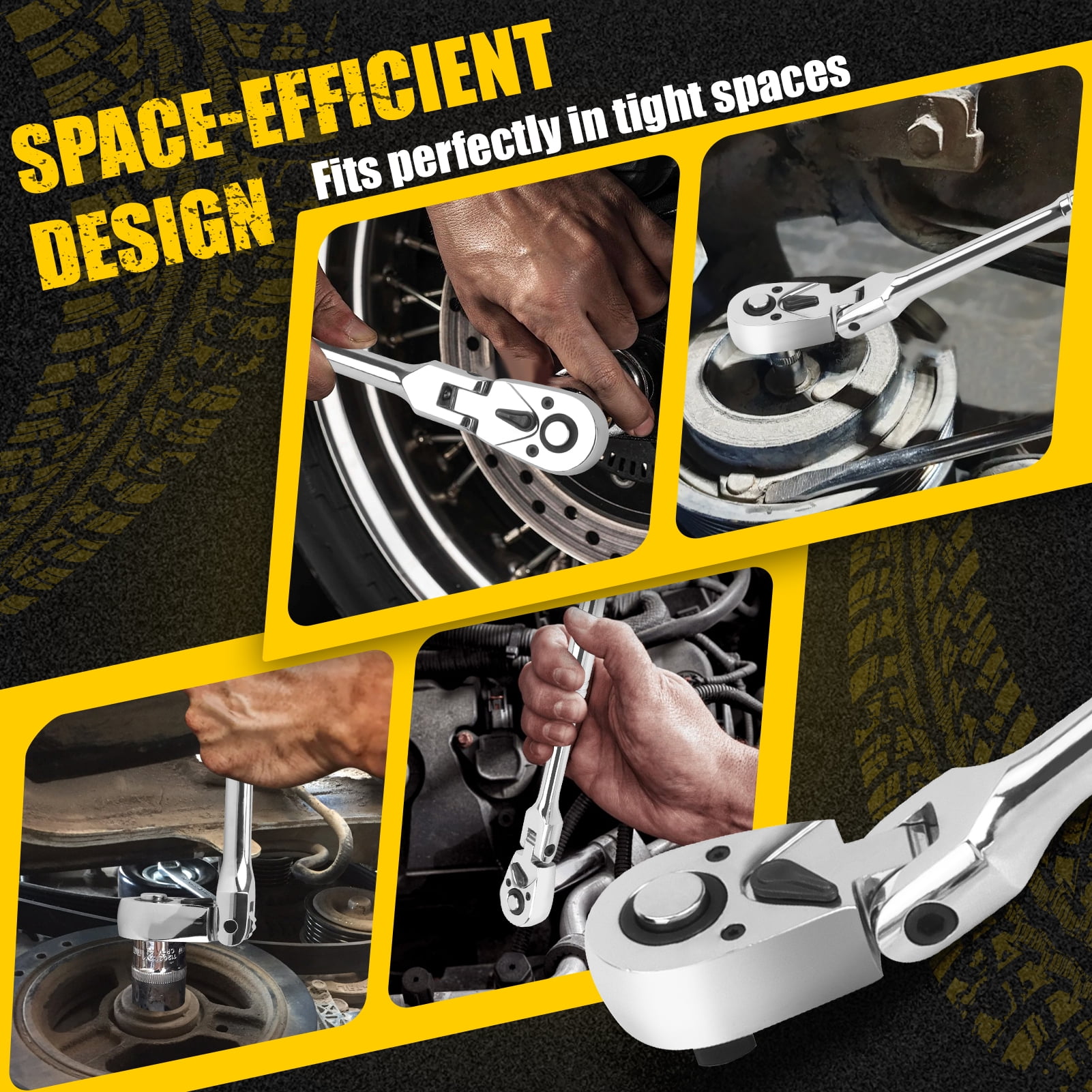 6-Piece Flex Head Ratchet Set, 1/4", 3/8", 1/2" Drive, Swivel Head Ratchet Wrench with Extension Bar, 72 Tooth, 180° Adjustable, Quick-Release, Flexible Ratchet Handle
