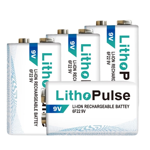 LithoPulse 9V Rechargeable Lithium Batteries 1200mAh for Home Security Devices, Microphone, Alarms 9 Volt Lithium-ion Long Lasting Batteries with 2-in-1 USB-C Charging Cable(4 Pack)